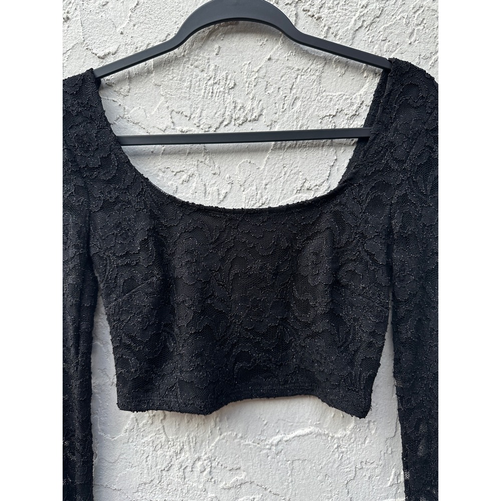 B. Darlin Y2K Black‎ Lace Long Sleeve Scoop Neck Crop Top Women 7/8 Sparkle - Picture 2 of 5